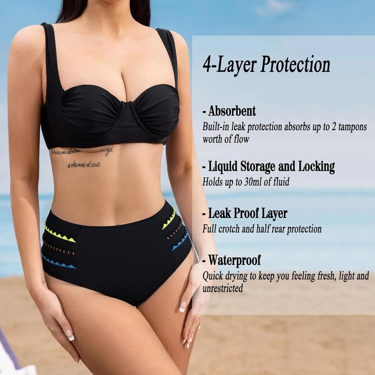 Leoparts Period Swimwear Black Leakproof Bikini Bottoms High Waisted Modest Menstrual Swimsuit Bottom for Teen Girls Women