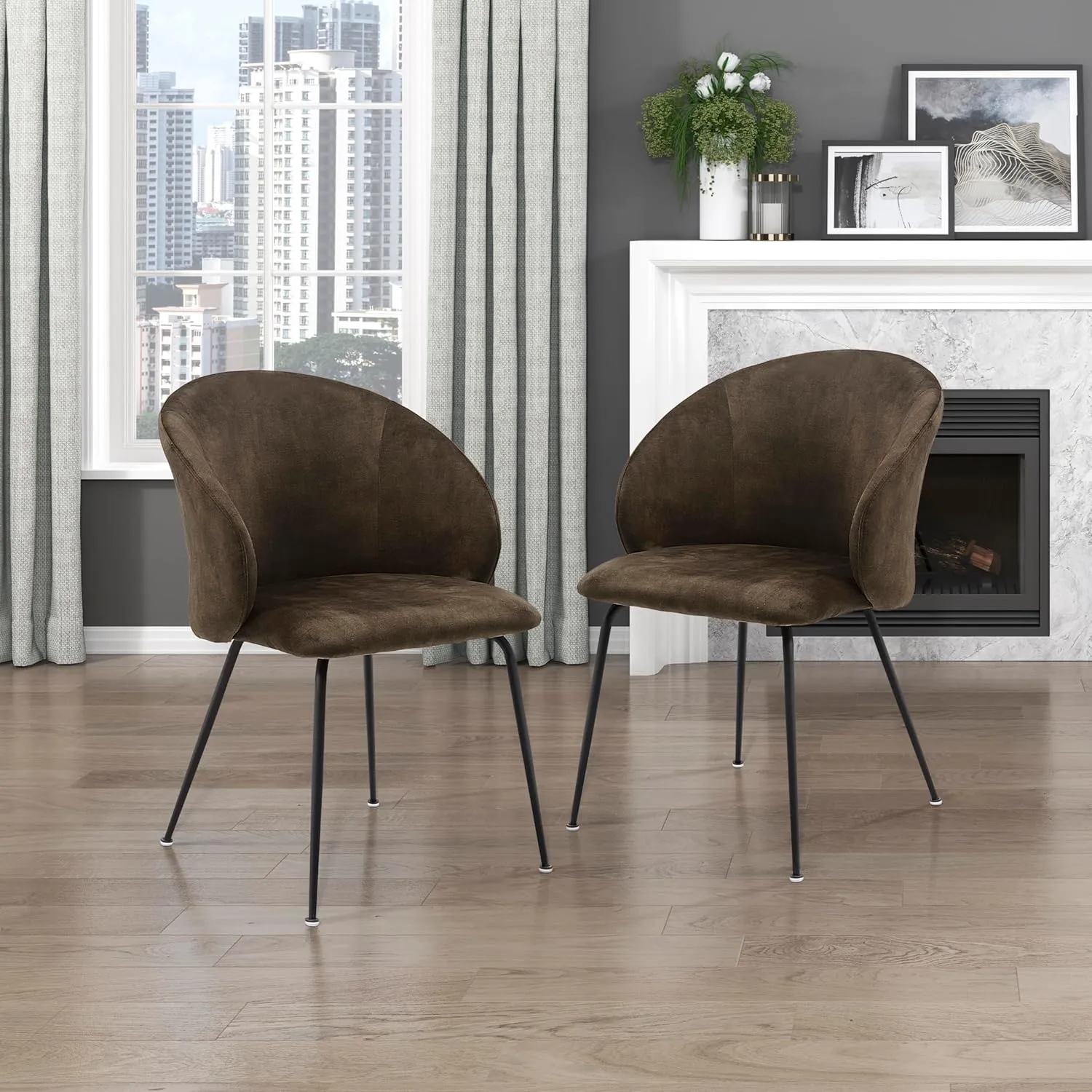 Lexicon Velvet Fabric Upholstered Dining Chairs, Armless Metal Legs Kitchen & Dining Room Chairs, Easy to Assemble Dining Chair, Modern Chair Round Back, Dining Chairs Set of 2, Brown/Black