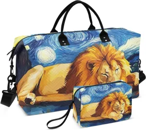Lion Starry Night Moon Duffel Bag for Traveling, Travel Bag Gym Bag, with Multiple Interior Pockets Shoulder Weekender Bag for Women Men with Toiletry Bag 20.5L x 1.9W x 13.8H