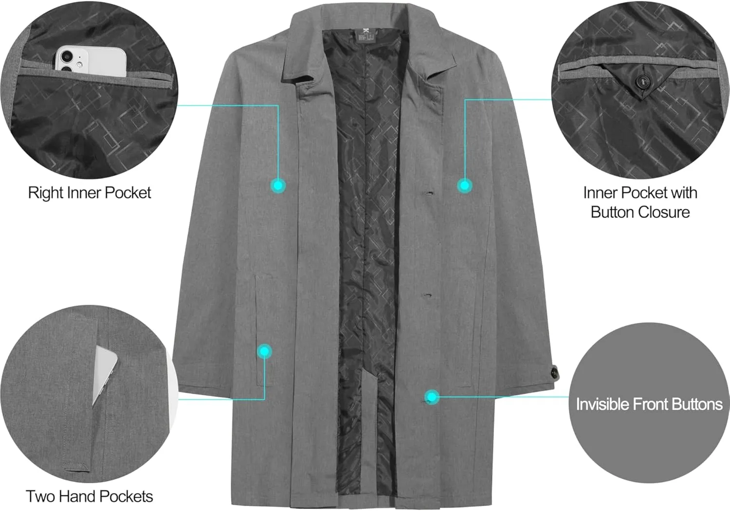 Little Donkey Andy Men's Waterproof Mid-Length Trench Coat, Lightweight Long Rain Coat, Single Breasted Overcoat