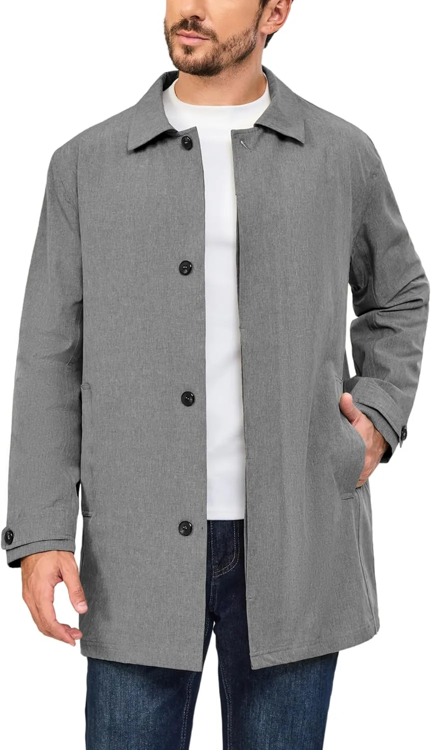 Little Donkey Andy Men's Waterproof Mid-Length Trench Coat, Lightweight Long Rain Coat, Single Breasted Overcoat