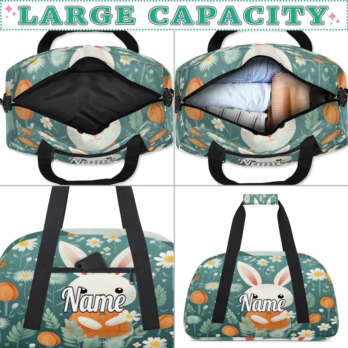 Little Rabbit Print Custom Name Sport Duffel Bag Dance Bag for Girls Teens Personalized Ballet Bag Gift for Birthday Christmas Helloween