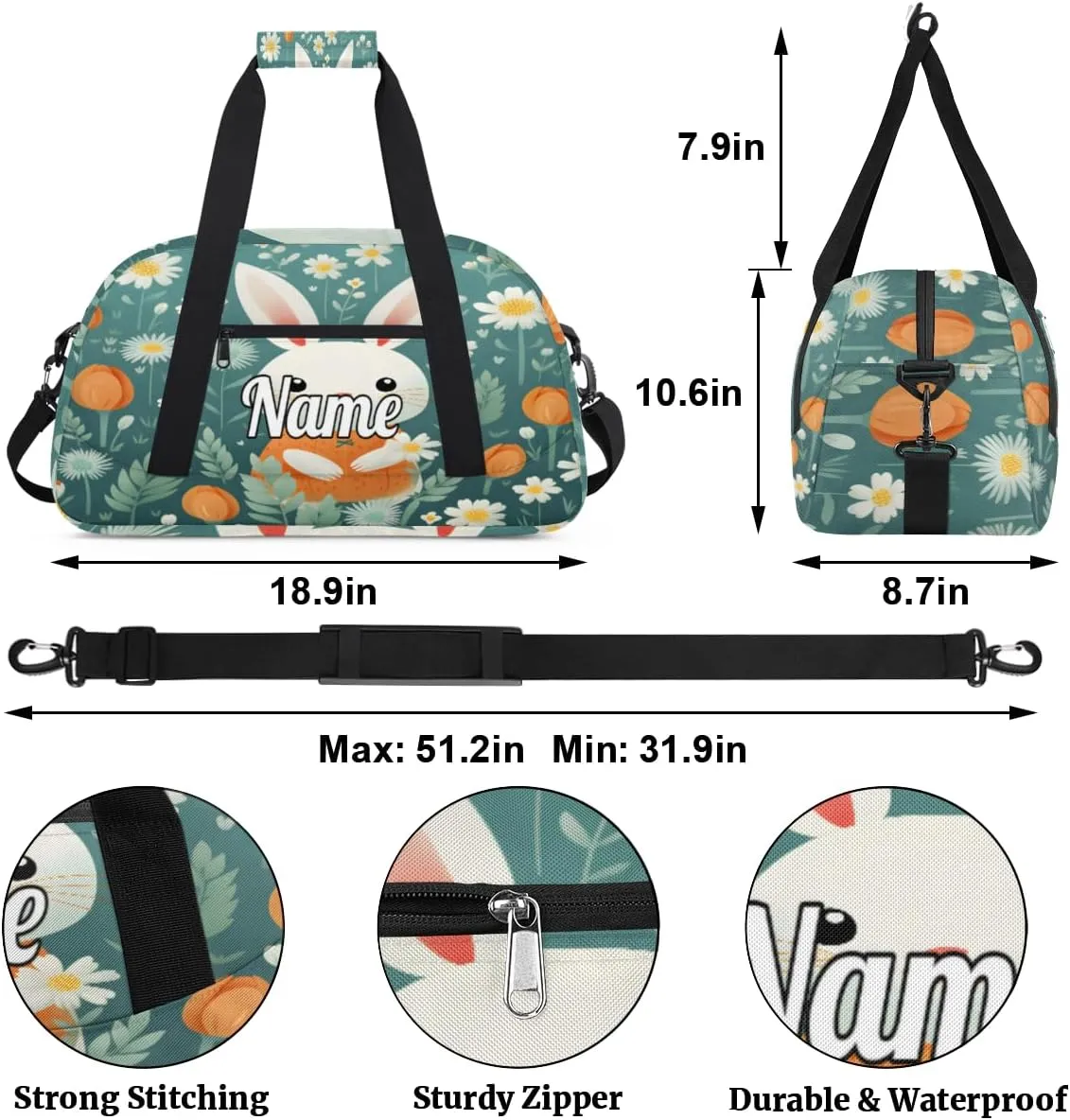 Little Rabbit Print Custom Name Sport Duffel Bag Dance Bag for Girls Teens Personalized Ballet Bag Gift for Birthday Christmas Helloween