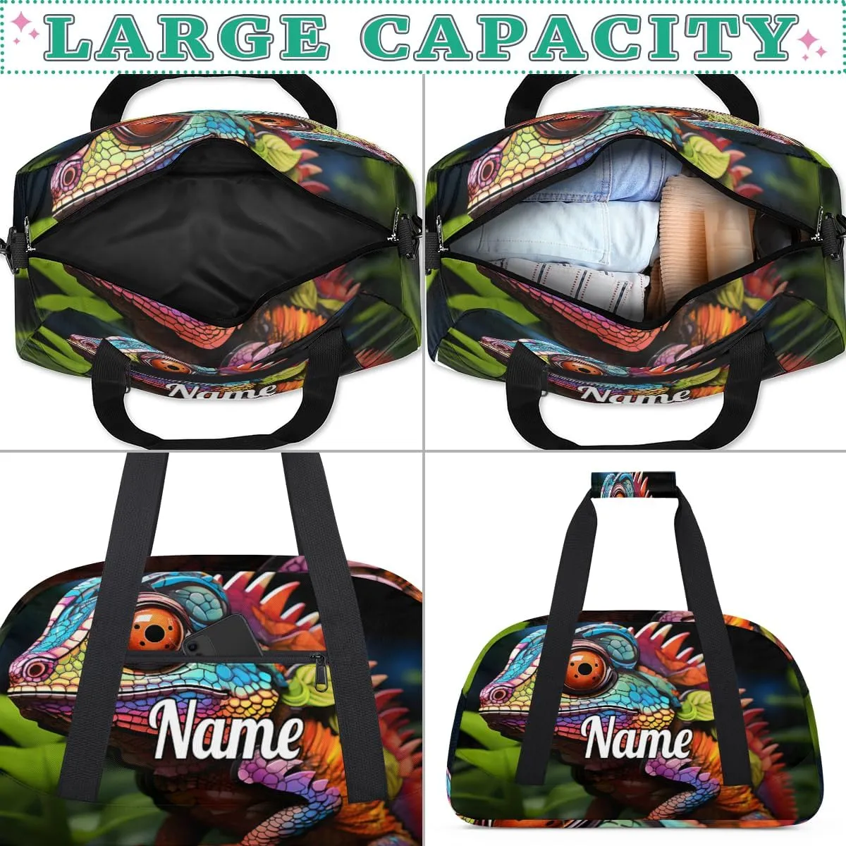 Lizard Print Personalized Kids Gym Bag Custom Name Sport Duffel Bag Dance Ballet Bag for Girls Practice Workout Bag