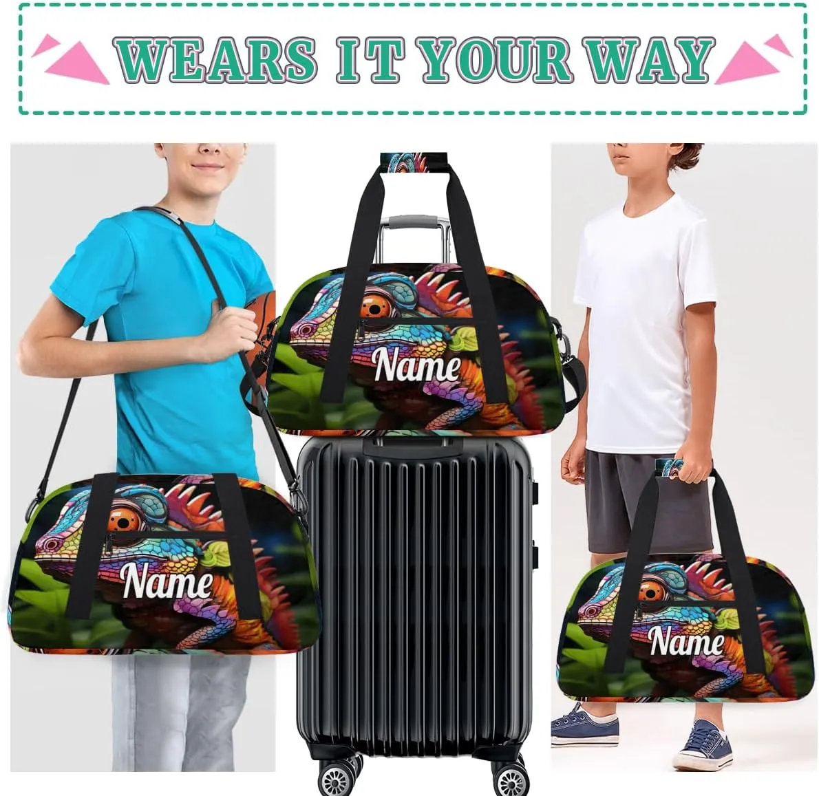 Lizard Print Personalized Kids Gym Bag Custom Name Sport Duffel Bag Dance Ballet Bag for Girls Practice Workout Bag