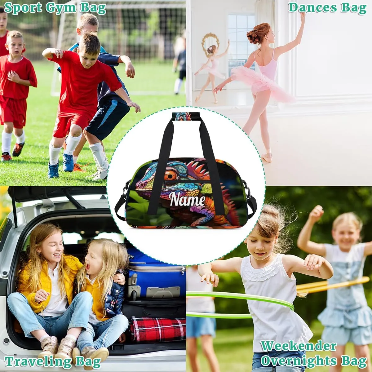 Lizard Print Personalized Kids Gym Bag Custom Name Sport Duffel Bag Dance Ballet Bag for Girls Practice Workout Bag