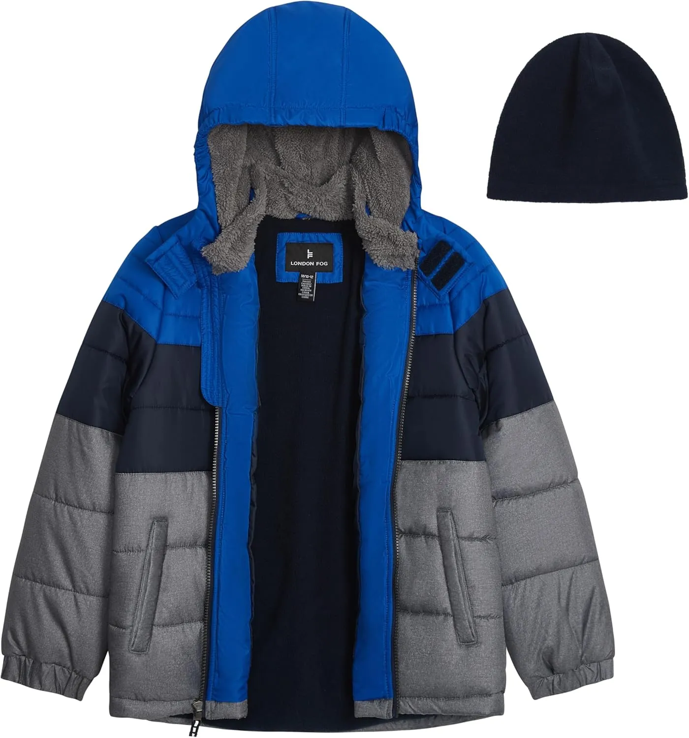 LONDON FOG Baby Boys' Heavyweight Hooded Puffer Jacket with Sherpa-Lined Hood & Fleece Beanie
