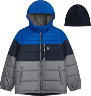LONDON FOG Baby Boys' Heavyweight Hooded Puffer Jacket with Sherpa-Lined Hood & Fleece Beanie