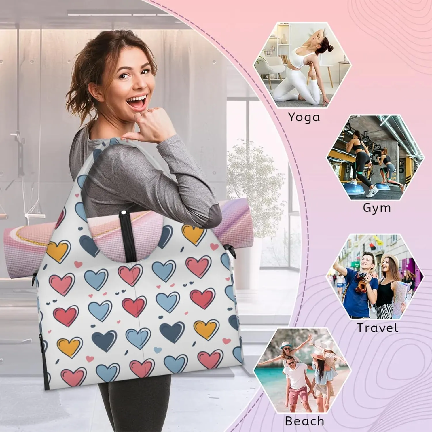 Love Pattern Paper Gym Bag Yoga Mat Tote for Women with Shoes Compartment Lightweight Duffle Travel Carrier Wet Dry Storage Pockets Adjustable Pilates Mats Shoulder Bags for Sport Swim