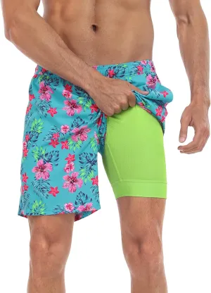 LRD Mens Swim Trunks with Compression Liner 7 inch Inseam Quick Dry Swim Shorts