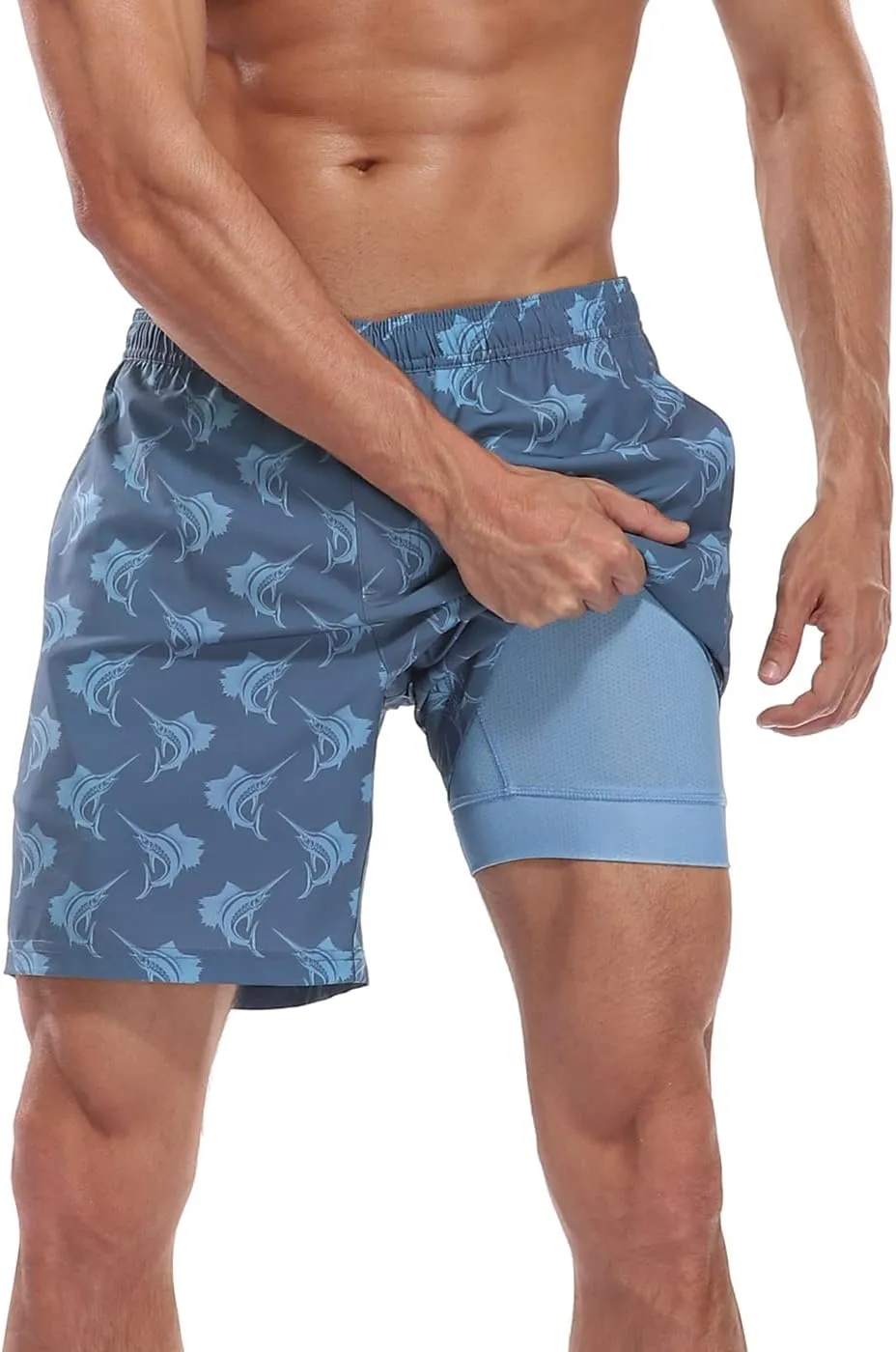 LRD Mens Swim Trunks with Compression Liner 7 inch Inseam Quick Dry Swim Shorts