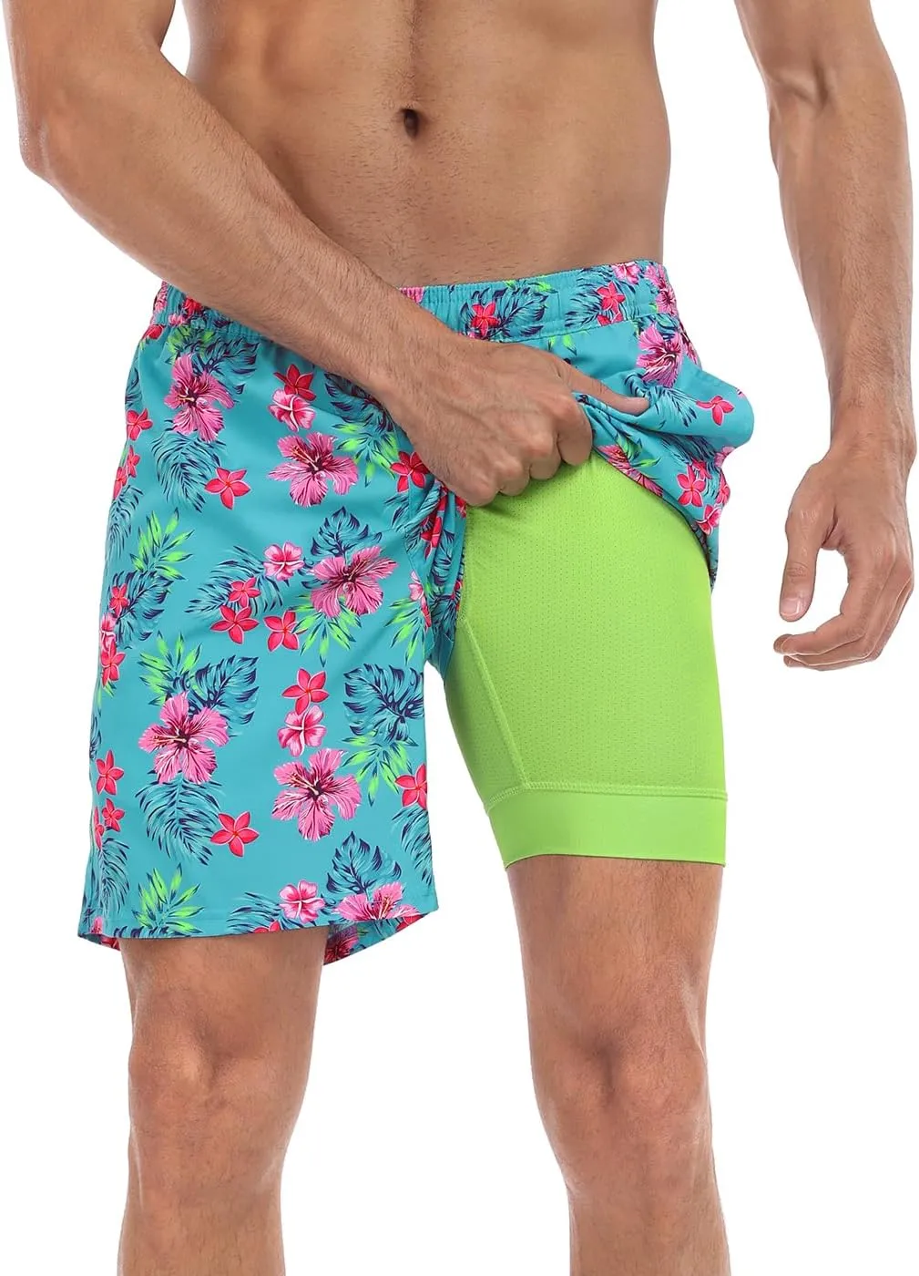 LRD Mens Swim Trunks with Compression Liner 7 inch Inseam Quick Dry Swim Shorts