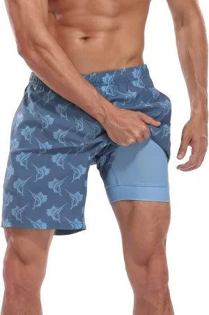 LRD Mens Swim Trunks with Compression Liner 7 inch Inseam Quick Dry Swim Shorts