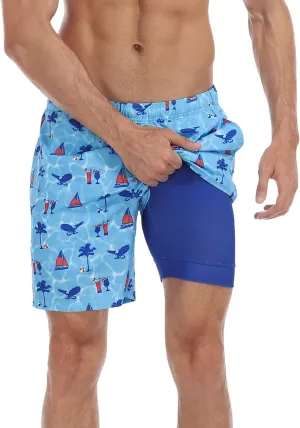 LRD Mens Swim Trunks with Compression Liner 7 inch Inseam Quick Dry Swim Shorts