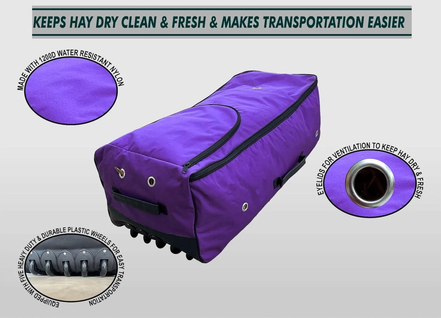 Majestic Ally Horse Rolling Hay Bale Bag, 44 x 20 x 15 inches, Nylon Rolling Storage, Multiple Colors (Purple, Large)
