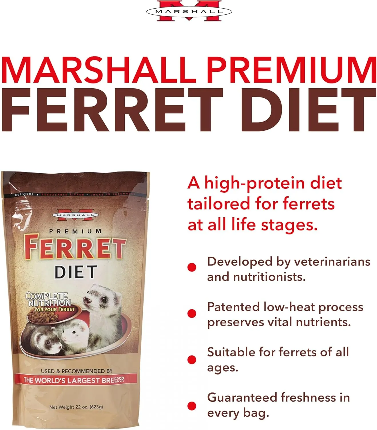 Marshall Pet Products Premium Ferret Diet Dry Food, 22 oz - Protein-Rich Formula for Balanced Nutrition, Digestive Support, and Ferret Health