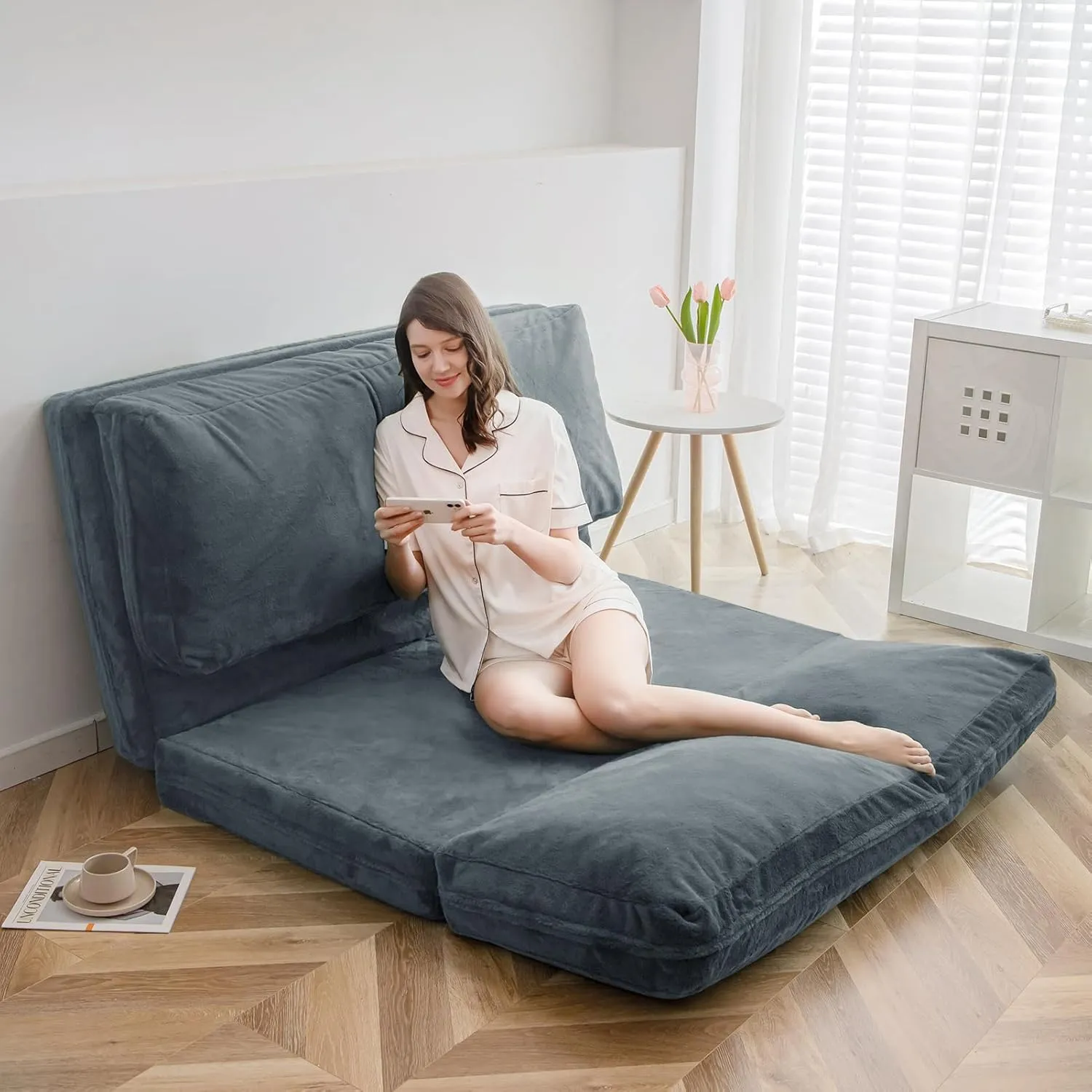 MAXYOYO Bean Bag Bed Folding Sofa Bed Floor Mattress for Adults, Extra Thick and Long Floor Sofa with Faux Fur Washable Cover, Single Floor Couch Bed for Bedroom Living Room, Dusty Blue, 30x95 Inch
