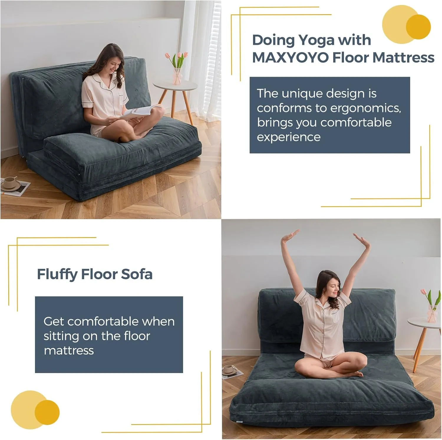 MAXYOYO Bean Bag Bed Folding Sofa Bed Floor Mattress for Adults, Extra Thick and Long Floor Sofa with Faux Fur Washable Cover, Single Floor Couch Bed for Bedroom Living Room, Dusty Blue, 30x95 Inch