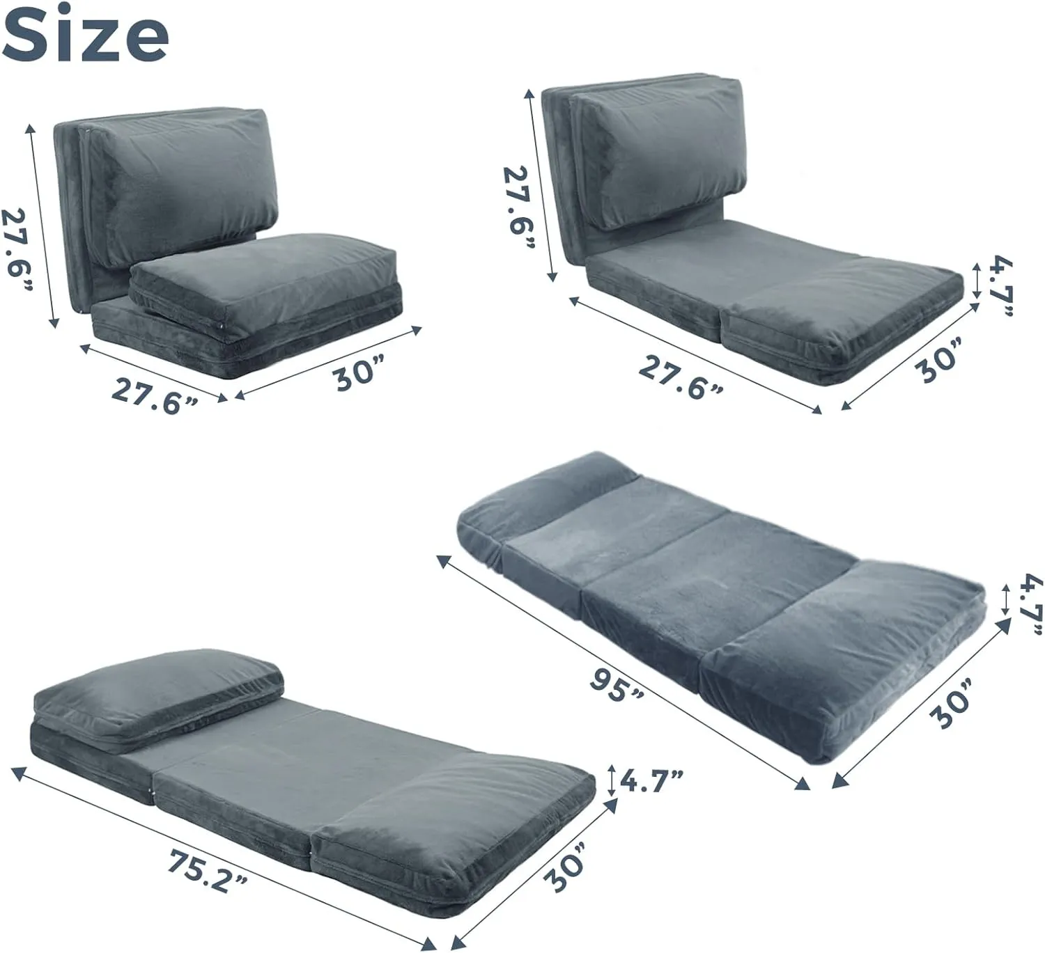 MAXYOYO Bean Bag Bed Folding Sofa Bed Floor Mattress for Adults, Extra Thick and Long Floor Sofa with Faux Fur Washable Cover, Single Floor Couch Bed for Bedroom Living Room, Dusty Blue, 30x95 Inch