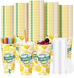 Meanplan 300 Pieces/100 Sets Lemonade Cups with Lids and Straws Disposable Cups for Party Decorative Lemon Paper Cup Lemonade Stand Supplies for Water Juice Kitchen Coffee Birthday Decorations (22 oz)