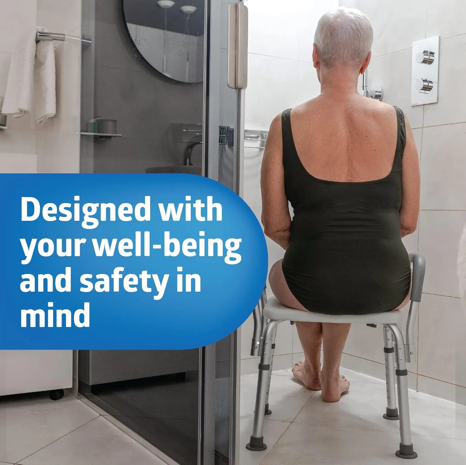 Medline Shower Chair for Inside Shower, Heavy Duty, 350 lb Capacity, Adjustable Height, Non-Slip Seat with Padded Armrests & Back, White
