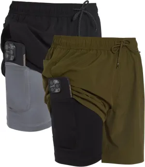 Mens 2 Pack Swim Trunks with Compression Liner Anti Chafing 7 inch Inseam Stretch Quick Dry Swim Shorts with Phone Pocket