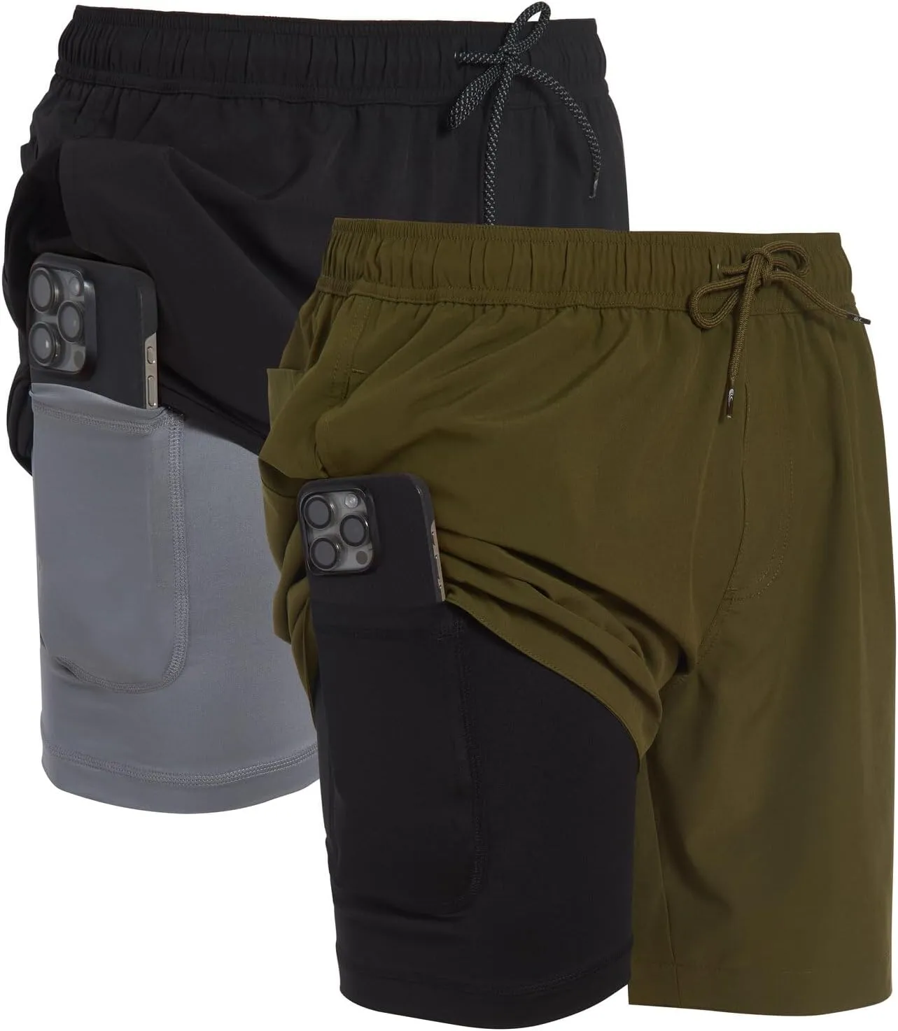 Mens 2 Pack Swim Trunks with Compression Liner Anti Chafing 7 inch Inseam Stretch Quick Dry Swim Shorts with Phone Pocket