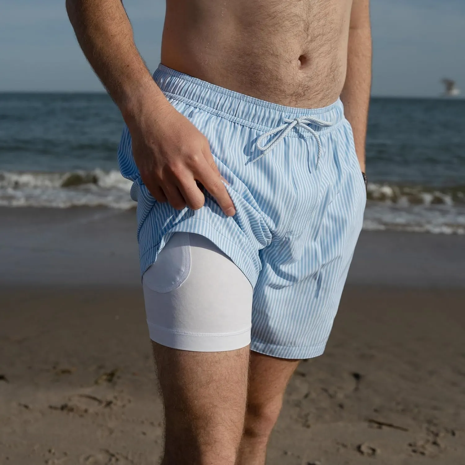 Mens 2 Pack Swim Trunks with Compression Liner Anti Chafing 7 inch Inseam Stretch Quick Dry Swim Shorts with Phone Pocket