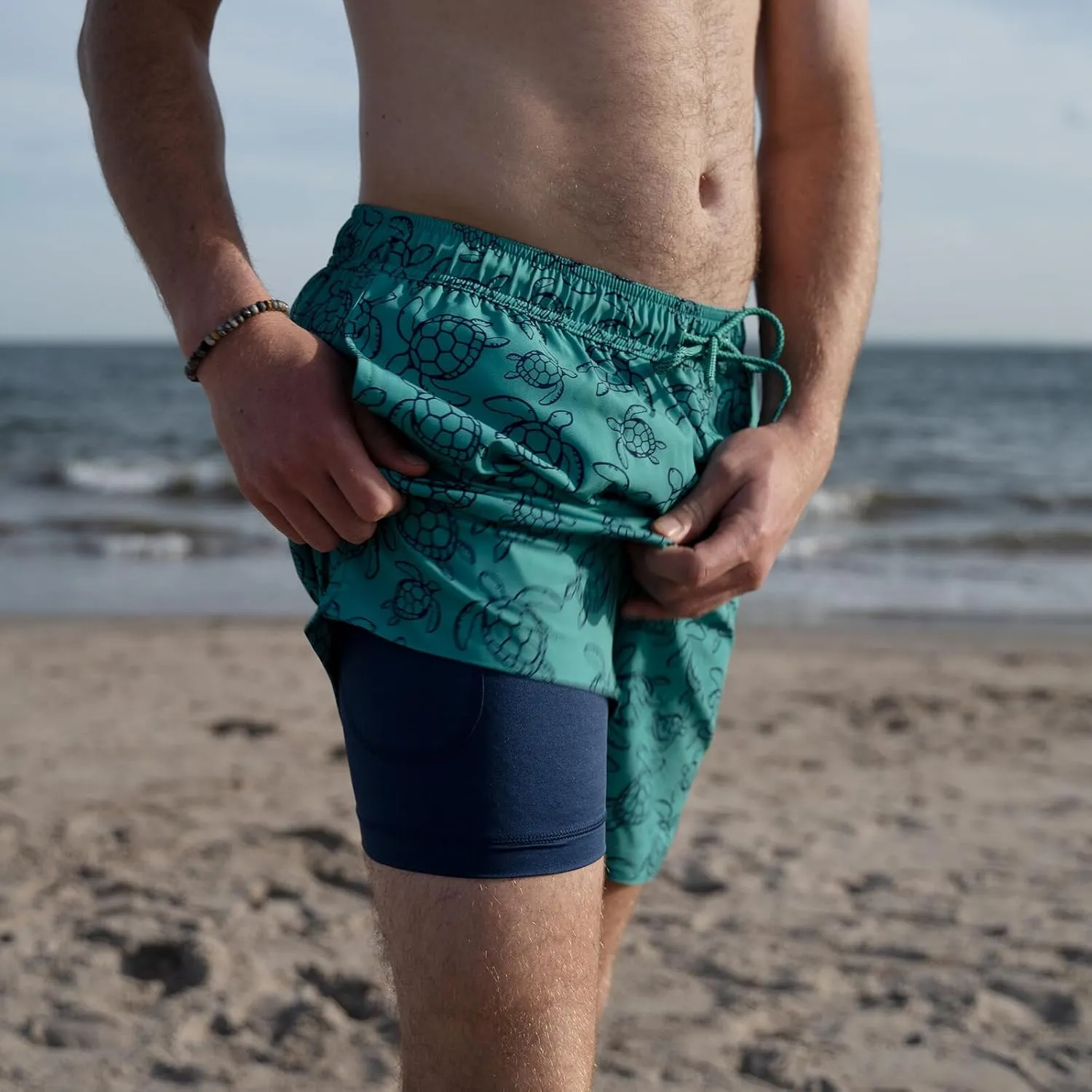 Mens 2 Pack Swim Trunks with Compression Liner Anti Chafing 7 inch Inseam Stretch Quick Dry Swim Shorts with Phone Pocket