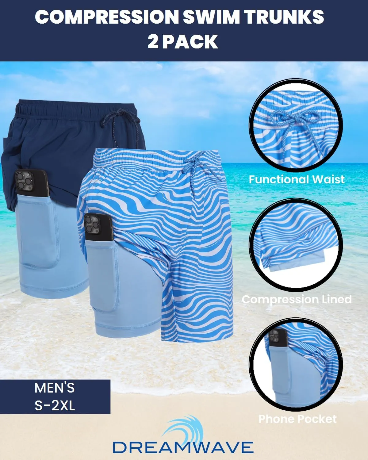 Mens 2 Pack Swim Trunks with Compression Liner Anti Chafing 7 inch Inseam Stretch Quick Dry Swim Shorts with Phone Pocket
