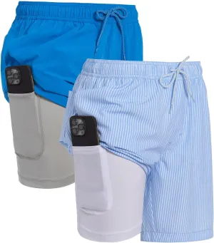 Mens 2 Pack Swim Trunks with Compression Liner Anti Chafing 7 inch Inseam Stretch Quick Dry Swim Shorts with Phone Pocket