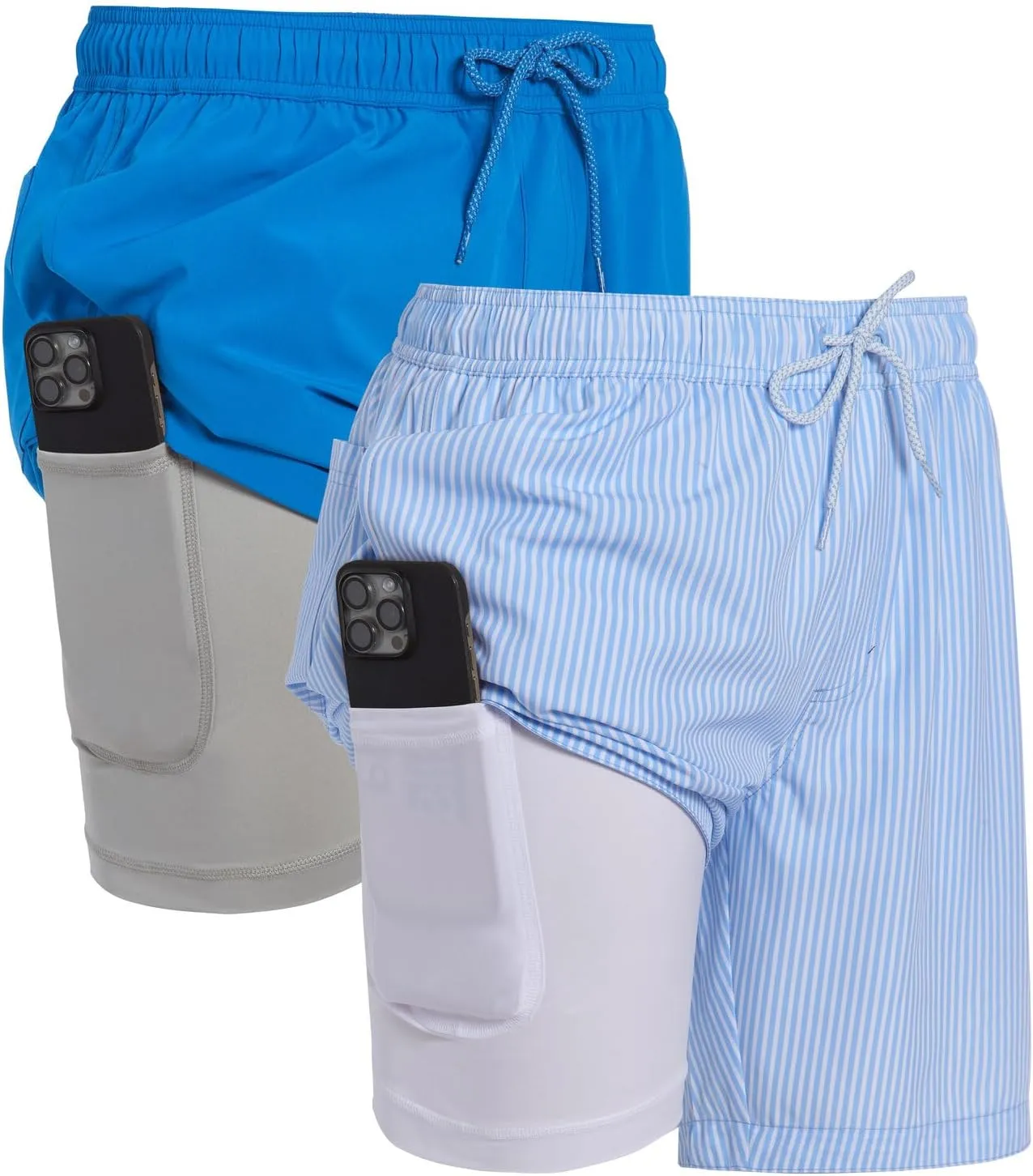 Mens 2 Pack Swim Trunks with Compression Liner Anti Chafing 7 inch Inseam Stretch Quick Dry Swim Shorts with Phone Pocket