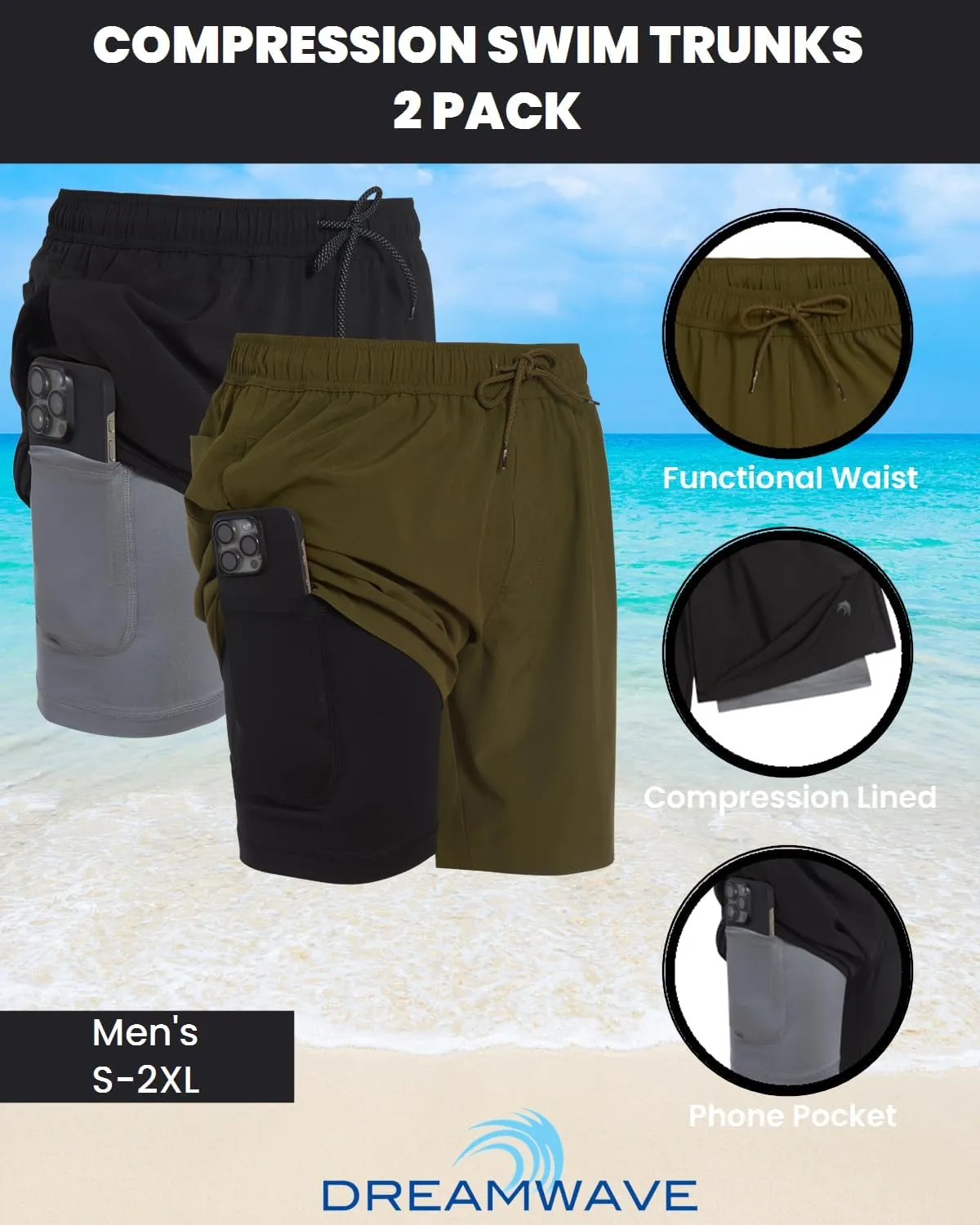 Mens 2 Pack Swim Trunks with Compression Liner Anti Chafing 7 inch Inseam Stretch Quick Dry Swim Shorts with Phone Pocket