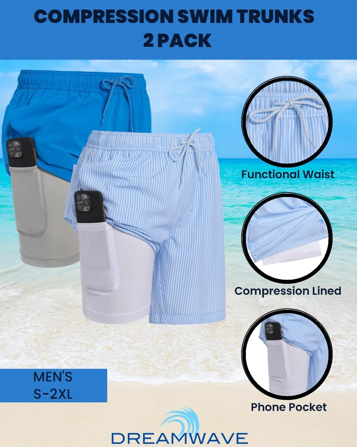 Mens 2 Pack Swim Trunks with Compression Liner Anti Chafing 7 inch Inseam Stretch Quick Dry Swim Shorts with Phone Pocket