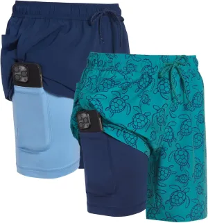 Mens 2 Pack Swim Trunks with Compression Liner Anti Chafing 7 inch Inseam Stretch Quick Dry Swim Shorts with Phone Pocket
