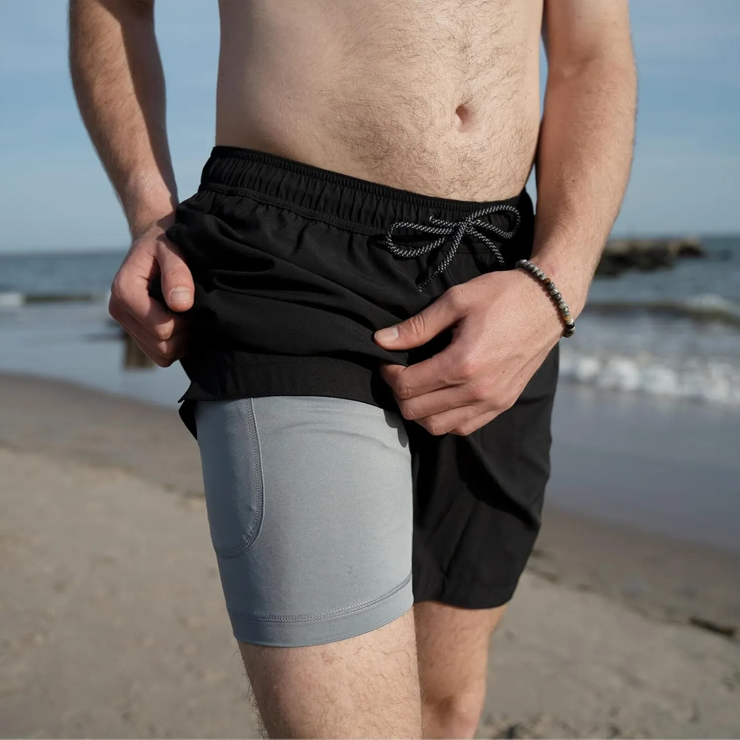 Mens 2 Pack Swim Trunks with Compression Liner Anti Chafing 7 inch Inseam Stretch Quick Dry Swim Shorts with Phone Pocket