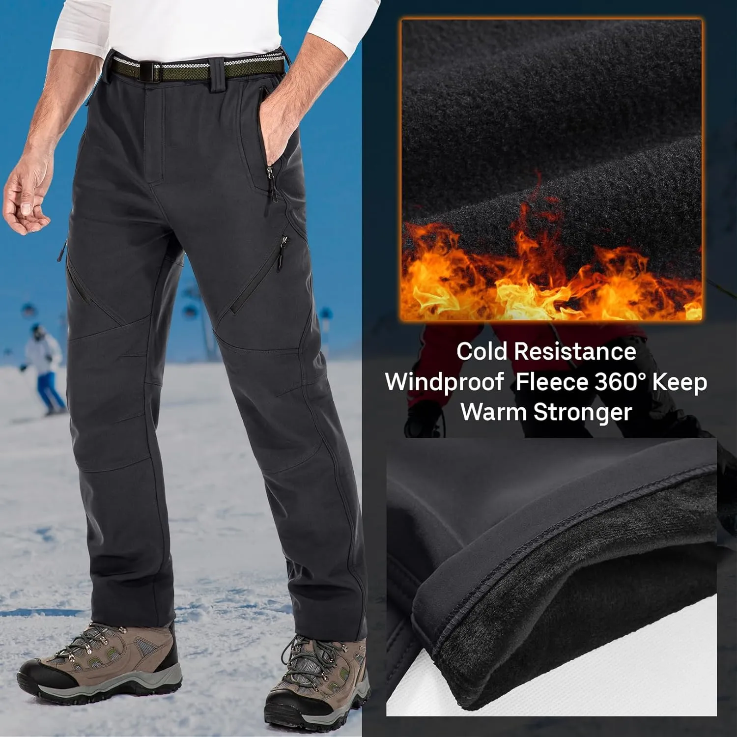 Men's Snow Ski Waterproof Fleece Lined Pants Winter Insulated Outdoor Hiking Mountain Softshell