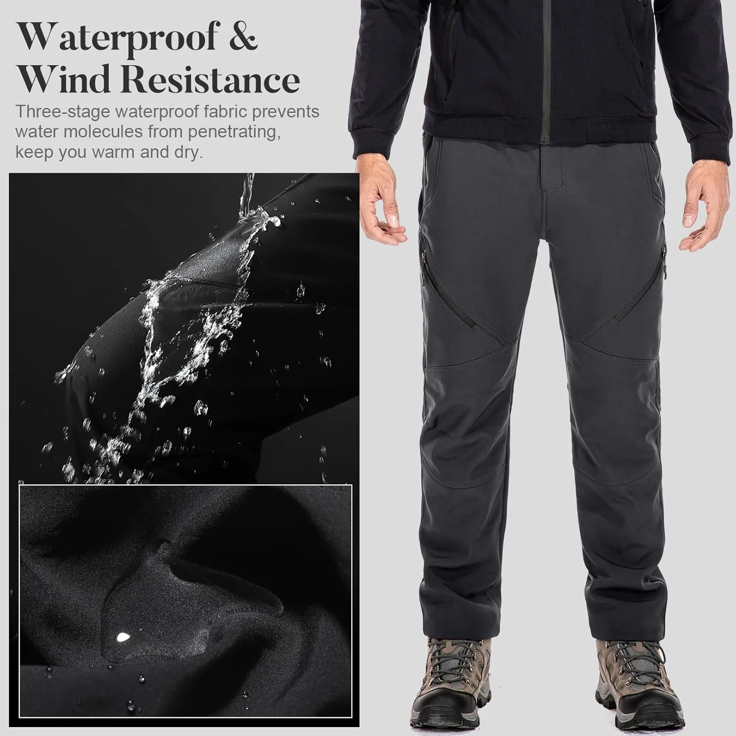 Men's Snow Ski Waterproof Fleece Lined Pants Winter Insulated Outdoor Hiking Mountain Softshell