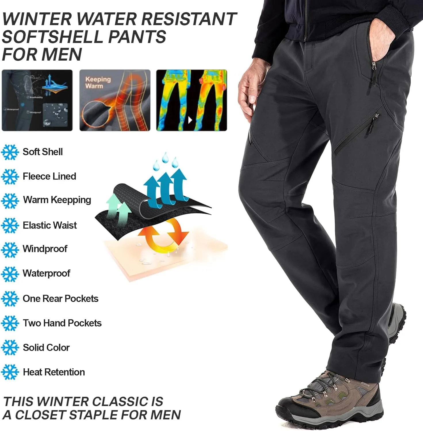 Men's Snow Ski Waterproof Fleece Lined Pants Winter Insulated Outdoor Hiking Mountain Softshell