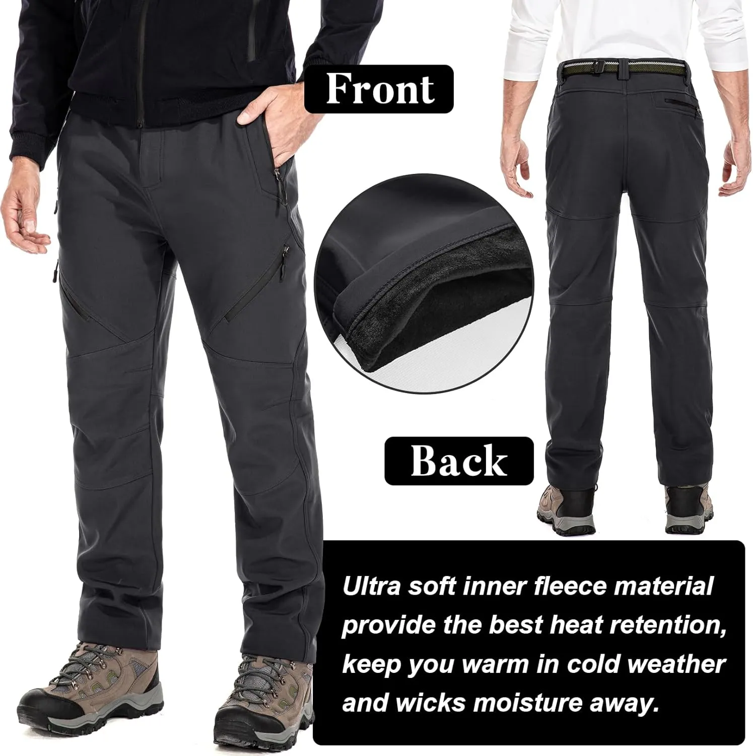 Men's Snow Ski Waterproof Fleece Lined Pants Winter Insulated Outdoor Hiking Mountain Softshell