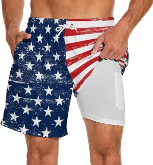 Mens Swim Trunks with Compression Liner 7 Inch Board Shorts Men Bathing Suit 2 in 1 Quick Dry Beach Swimsuits