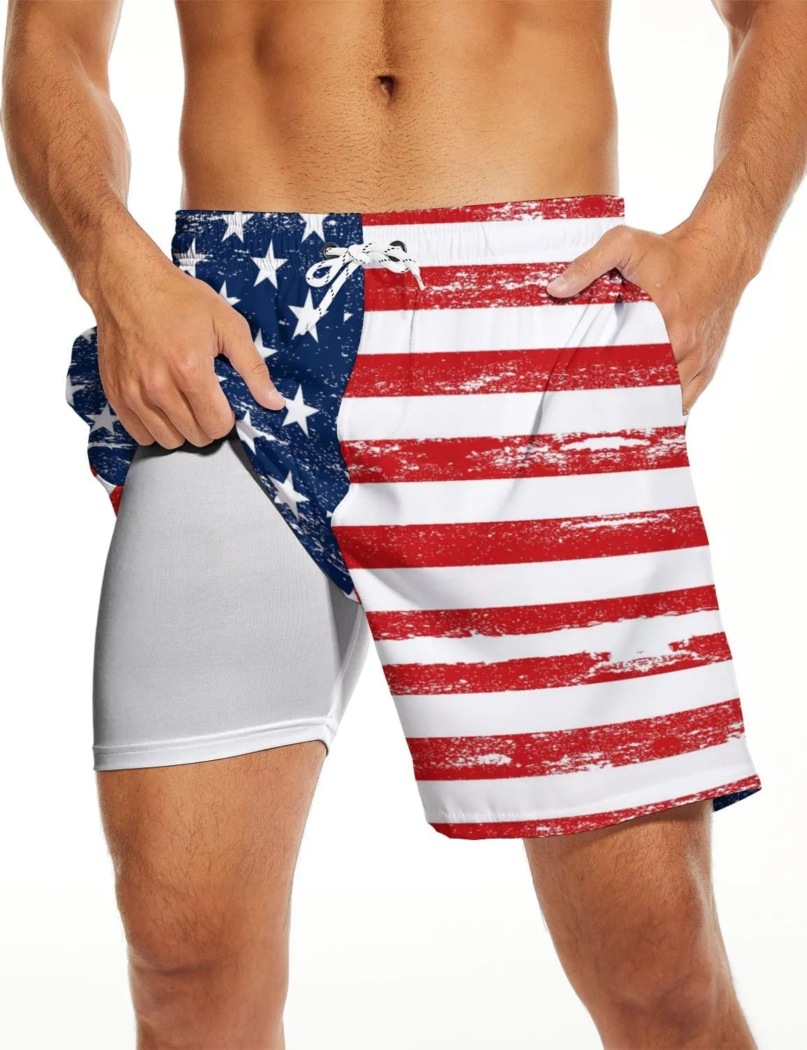 Mens Swim Trunks with Compression Liner 7 Inch Board Shorts Men Bathing Suit 2 in 1 Quick Dry Beach Swimsuits