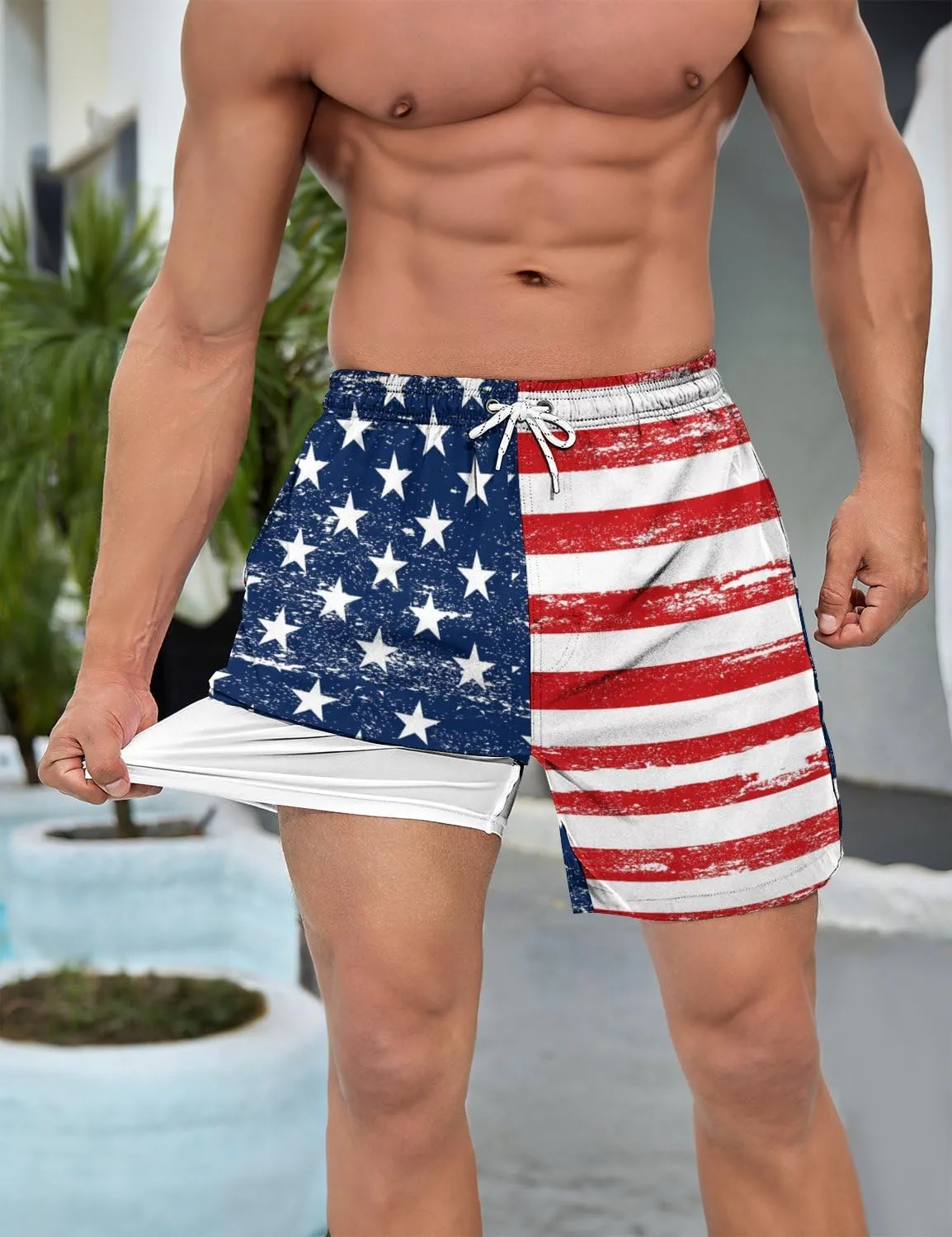 Mens Swim Trunks with Compression Liner 7 Inch Board Shorts Men Bathing Suit 2 in 1 Quick Dry Beach Swimsuits