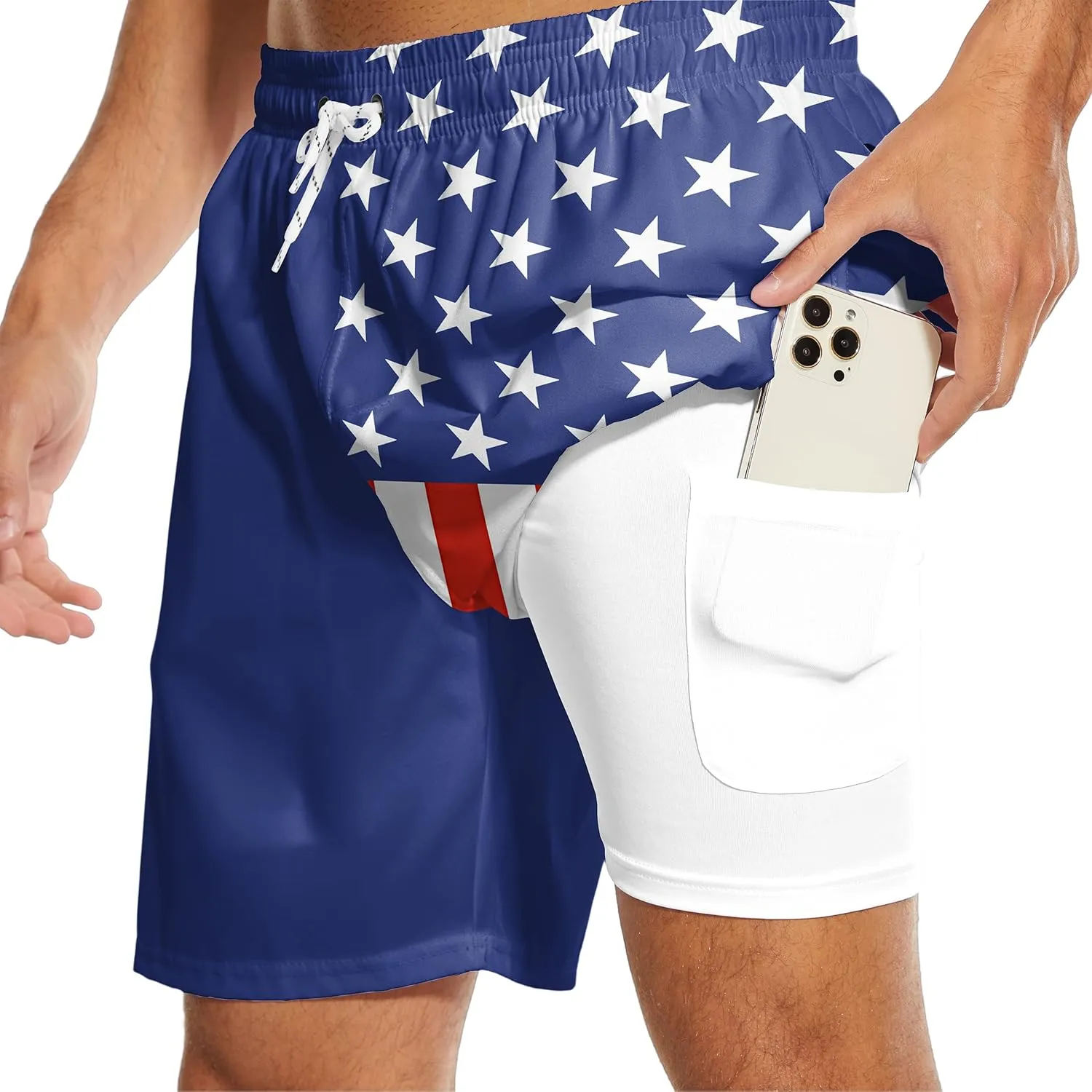 Mens Swim Trunks with Compression Liner 7" Bathing Suit Swimming Shorts Quick Dry Board Shorts Swimsuits with Pockets