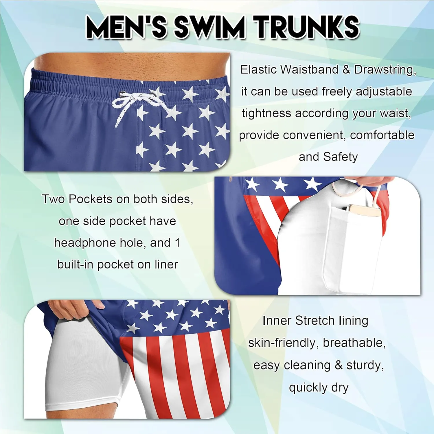 Mens Swim Trunks with Compression Liner 7" Bathing Suit Swimming Shorts Quick Dry Board Shorts Swimsuits with Pockets