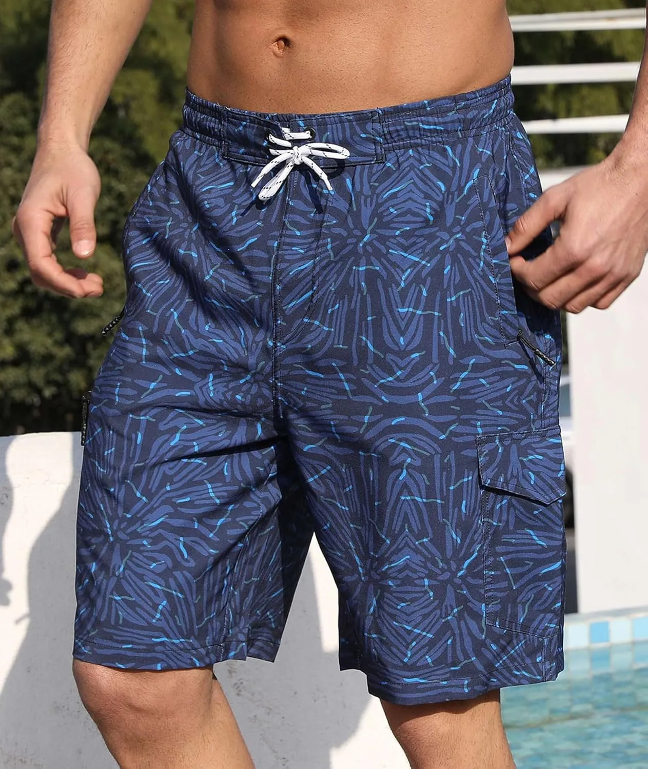 Mens Swim Trunks with Compression Liner 9 Inch Swim Shorts Bathing Suits Quick Dry Hiking Cargo Shorts with Zipper Pocket