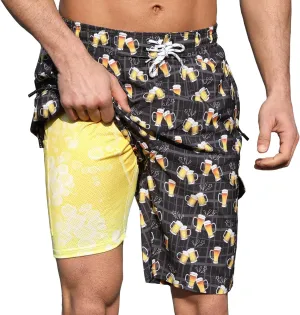 Mens Swim Trunks with Compression Liner 9 Inch Swim Shorts Bathing Suits Quick Dry Hiking Cargo Shorts with Zipper Pocket