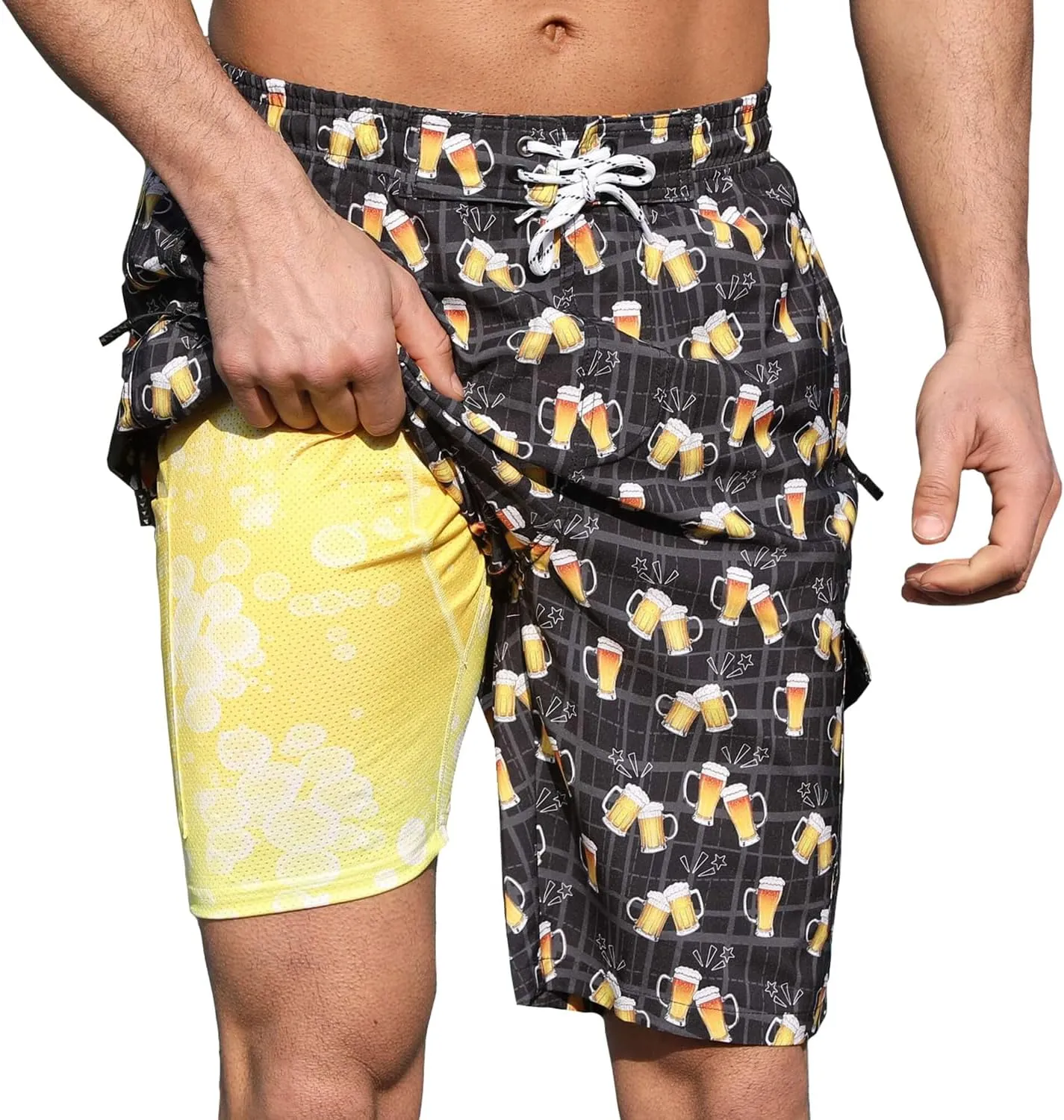 Mens Swim Trunks with Compression Liner 9 Inch Swim Shorts Bathing Suits Quick Dry Hiking Cargo Shorts with Zipper Pocket