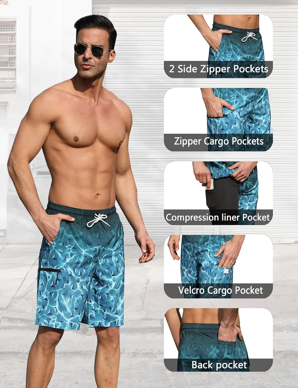 Mens Swim Trunks with Compression Liner 9 Inch Swim Shorts Bathing Suits Quick Dry Hiking Cargo Shorts with Zipper Pocket