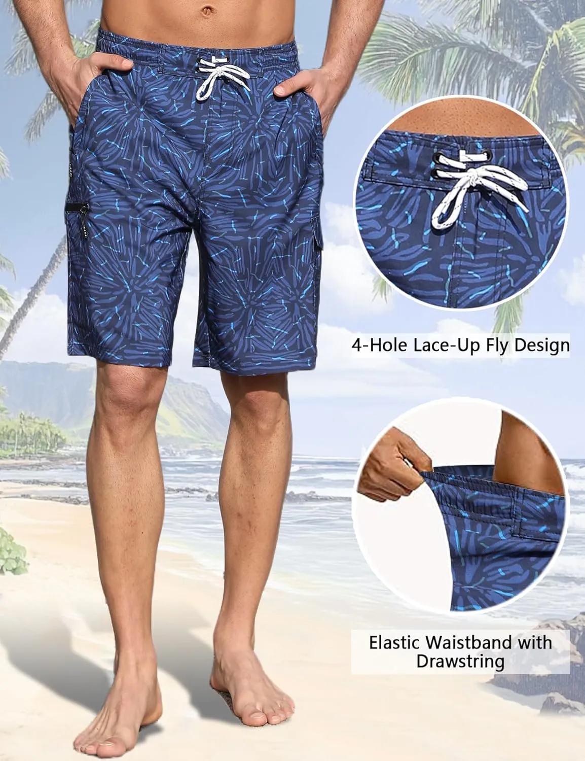 Mens Swim Trunks with Compression Liner 9 Inch Swim Shorts Bathing Suits Quick Dry Hiking Cargo Shorts with Zipper Pocket